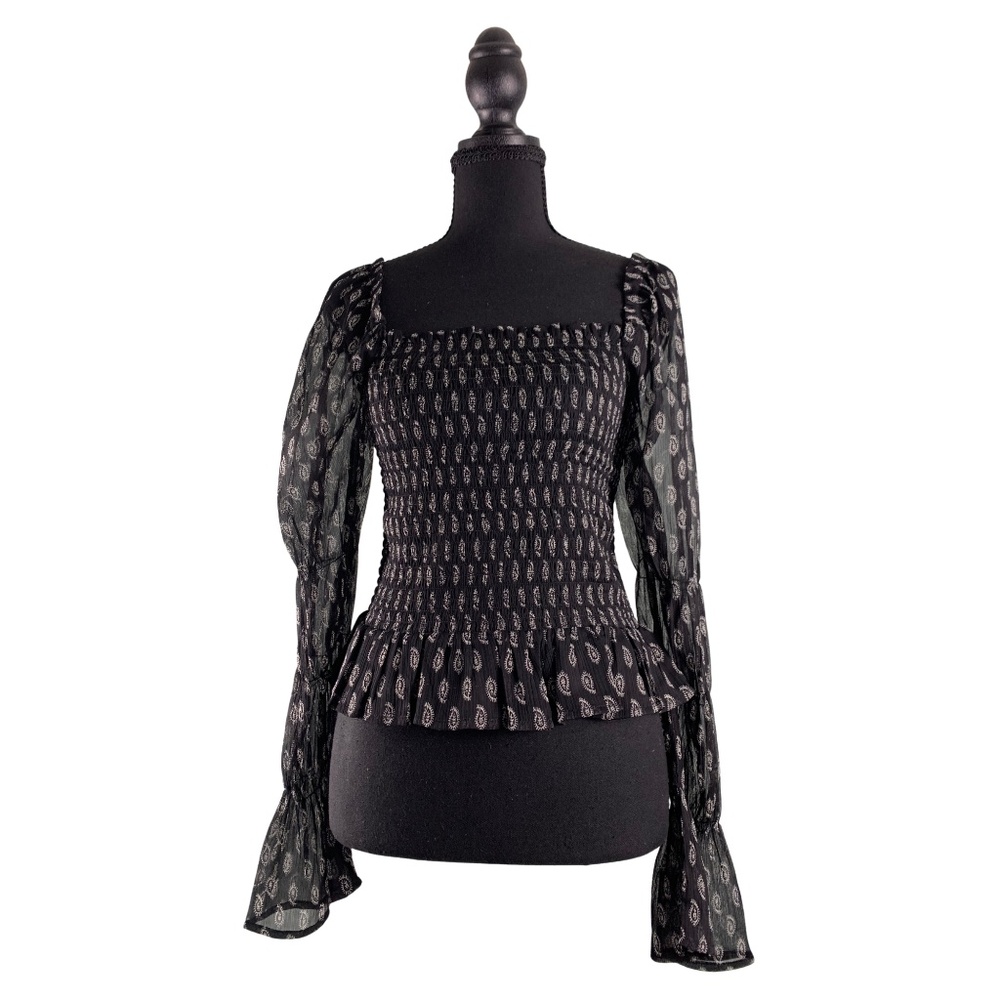 Patrons of Peace Black Paisley Smocked Top Women's S Bell Sleeves Boho Feminine